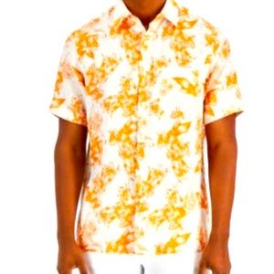 NWT CLUB ROOM Men's Orange Floral 100% Linen Short-Sleeve Button-Up Shirt Size M